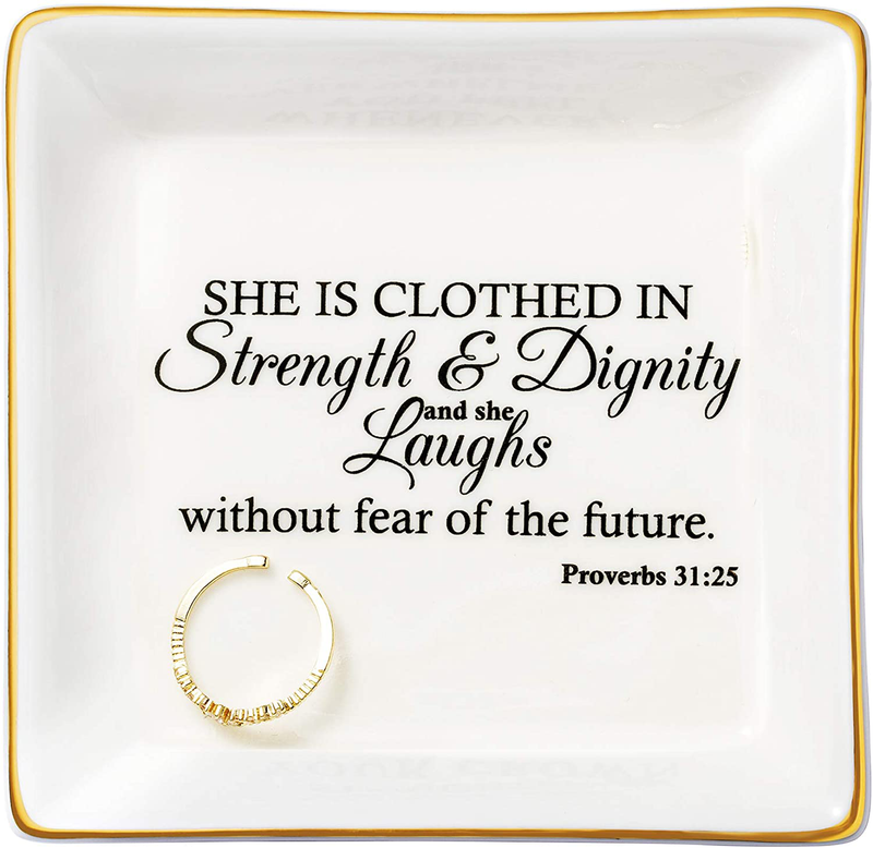JoycuFF Gifts for Mom Ring Trinket Dish Decorative Mama Jewelry Tray Unique Presents for Birthday Mother's Day Thanksgiving Day Christmas Cute Home Decor Home & Garden > Decor > Decorative Trays Hongyang She is clothed in strength & diginity and she laughs without fear of the future  