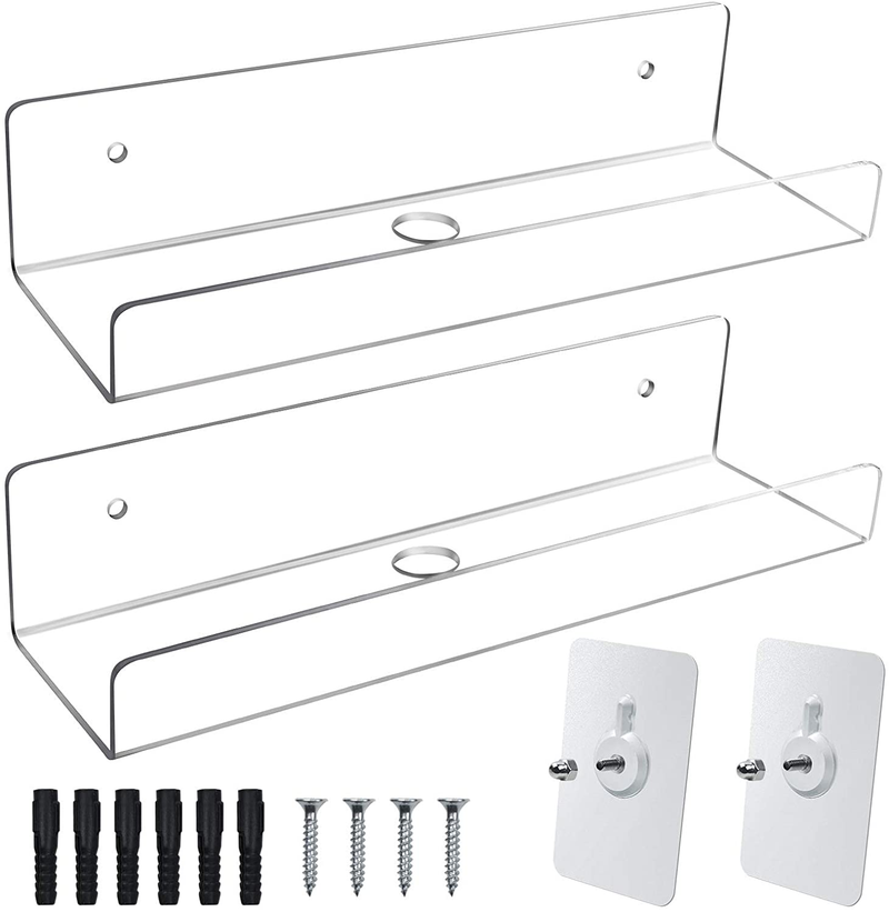 Mocoosy 2 Pack Clear Acrylic Floating Wall Shelf 10'', Invisible Wall Mounted Ledge Shelf, Small Display Shelves for Smart Speaker/Action Figures, Great for Room Bathroom Office Home Display Furniture > Shelving > Wall Shelves & Ledges Mocoosy Default Title  