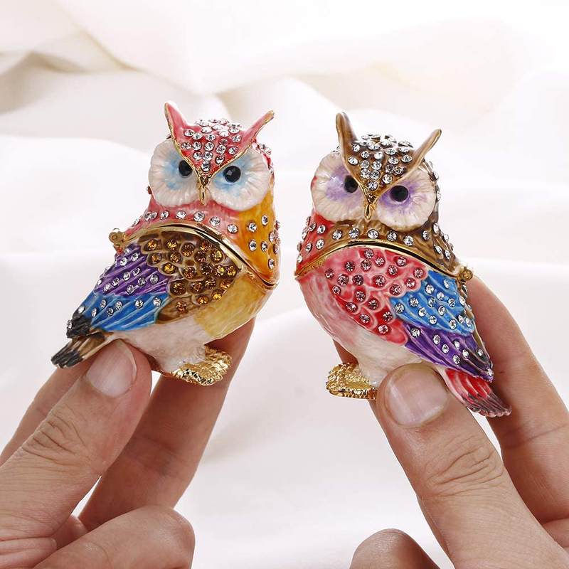 Hand Painted Couple Owl Trinket Box, Hinged Enameled Jewelry Box, Unique Mini Ring Earrings Jewelry Organizer, Vintage Bejeweled Storage, Figurine Collectible Keepsake Home Decor (Couple Owl)