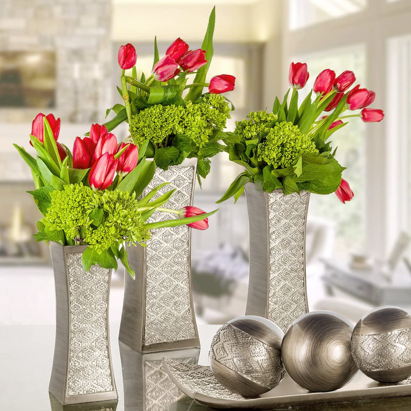 Dublin Flower Vase Set of 3 - Centerpieces for Dining Room Table, Decorative Vases Home Decor Accents for Living Room, Bedroom, Kitchen & More Packaged in Gift Box (Brushed Silver) Home & Garden > Decor > Vases Creative Scents   