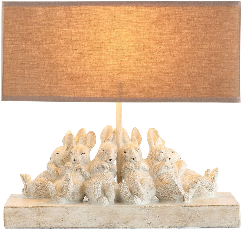 Creative Co-Op Whitewashed Rabbit Table Lamp with Sand-Colored Linen Shade, 14" L X 5.5" W X 13" H
