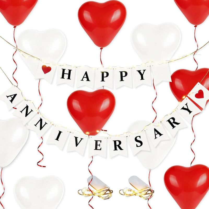 Pinkblume Happy Anniversary Banner Sign Wood Bunting Garland Streamer White and Red Love Heart Balloon and LED String Light for Vintage Rustic Wedding Anniversary Party Decorations Supplies Arts & Entertainment > Party & Celebration > Party Supplies pinkblume anniversary  
