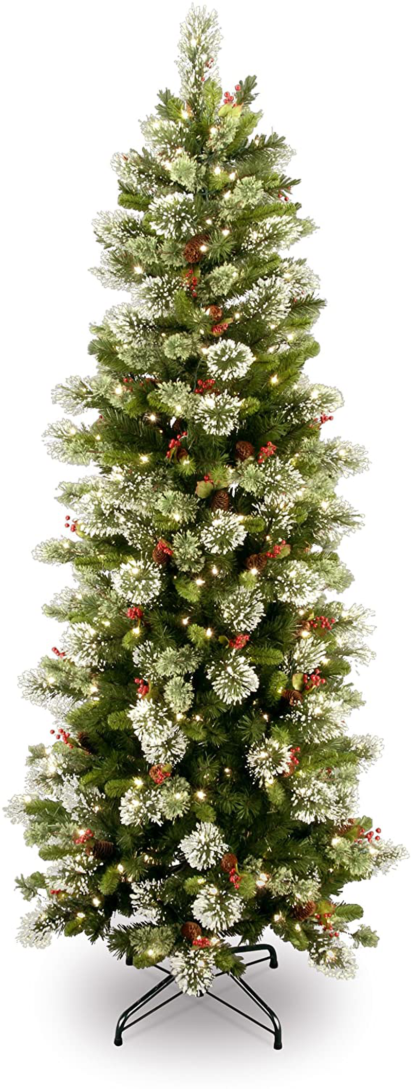 National Tree Company Pre-lit Artificial Christmas Tree | Includes Pre-strung White Lights and Stand | Flocked with Cones, Red Berries and Snowflakes | Wintry Pine Slim - 7.5 ft