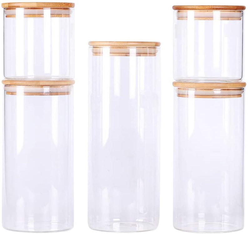 Stackable Kitchen Canisters Set, Pack of 5 Clear Glass Food Storage Jars Containers with Airtight Bamboo Lid for Candy, Cookie, Rice, Sugar, Flour, Pasta, Nuts Home & Garden > Kitchen & Dining > Food Storage LEAVES AND TREES Y   