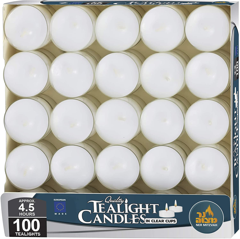 Ner Mitzvah Tea Light Candles - 100 Bulk Pack - White Unscented Tealight Candles in Clear Cup - Long Burning - 4.5 Hour