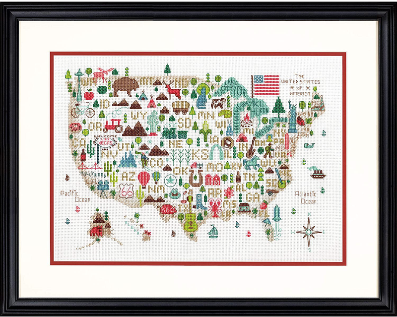 Darice Dimensions 'Illustrated USA' Patriotic 50 States Counted Cross Stitch Kit, 14 Count White Aida Cloth, 14" x 10", Red
