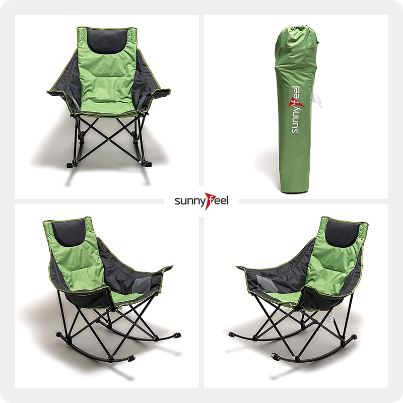Sunnyfeel Camping Rocking Chair, Oversized Folding Rocking Chairs with Luxury Padded Recliner & Pocket,Carry Bag, 300 LBS Heavy Duty for Lawn/Outdoor/Picnic/Patio, Portable Rocker Camp Chair (Green) Sporting Goods > Outdoor Recreation > Camping & Hiking > Camp Furniture SUNNYFEEL   