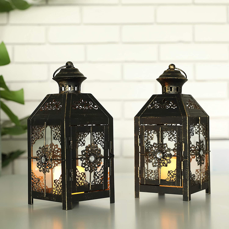 JHY DESIGN Set of 2 Decorative Candle Lantern 9.5''High Metal Candle Lantern Vintage Style Hanging Lantern for Wedding Parties Indoor Outdoor(Black with Gold Brush)