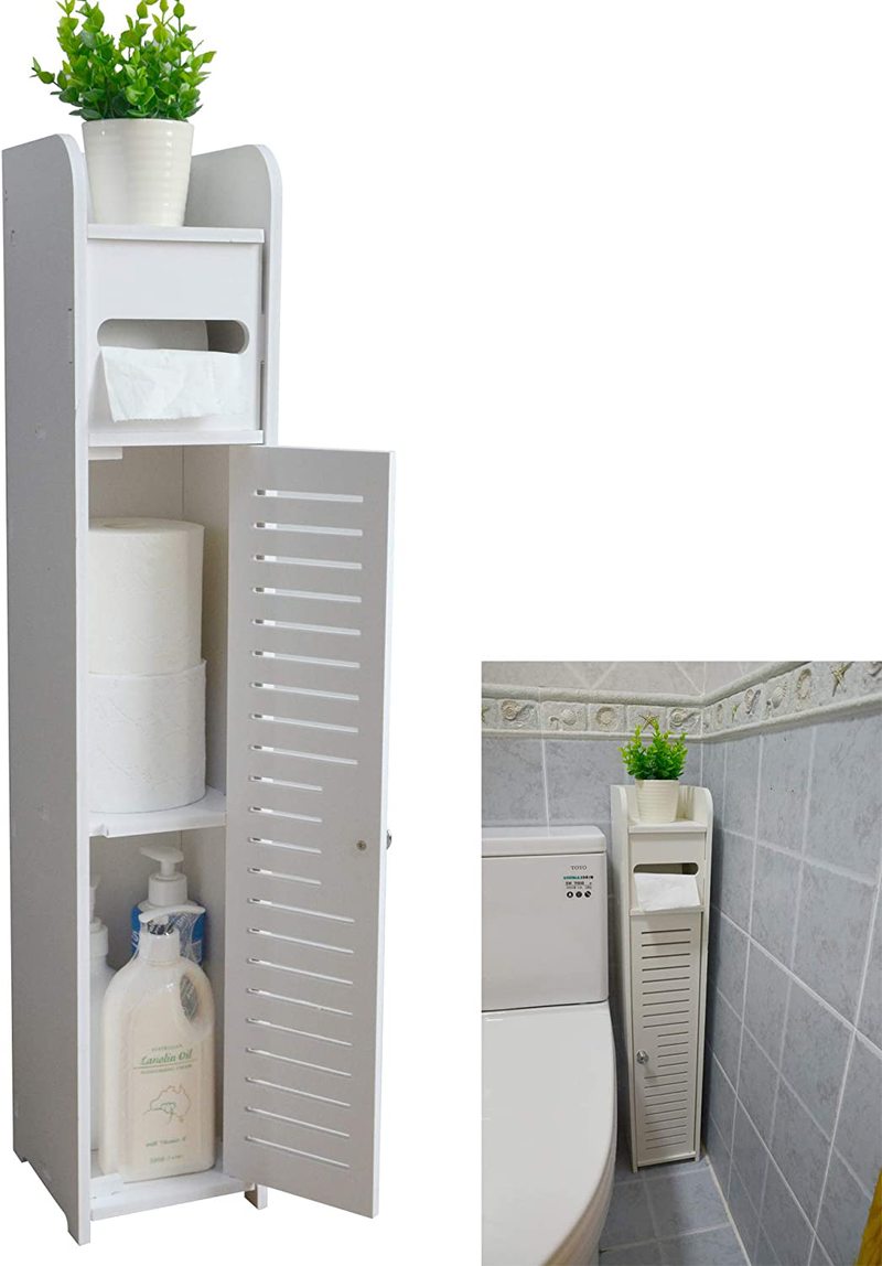 Small Bathroom Storage Corner Floor Cabinet with Doors and Shelves,Thin Toilet Vanity Cabinet,Narrow Bath Sink Organizer,Towel Storage Shelf for Paper Holder,White by AOJEZOR Home & Garden > Household Supplies > Storage & Organization AOJEZOR White 31.5''H 