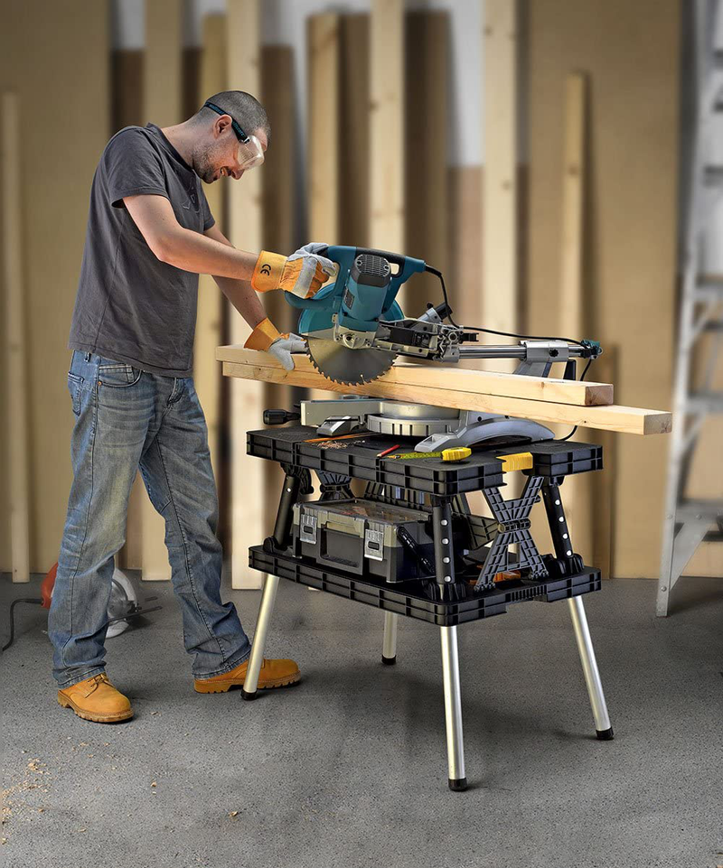 Keter - 197283 Folding Table Work Bench for Miter Saw Stand, Woodworking Tools and Accessories with Included 12 Inch Wood Clamps – Easy Garage Storage Black/Yellow Hardware > Tools > Multifunction Power Tools Keter   