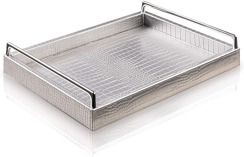 ELOCRAFT Decorative PU Leather Tray Butler Serving Tray with Handles Breakfast in Bed Tray Coffee Table Tray Ottoman Tray for Dinners Party Trays for Serving Food Modern Vanity Tray Large Tray Home & Garden > Decor > Decorative Trays ELOCRAFT Silver  