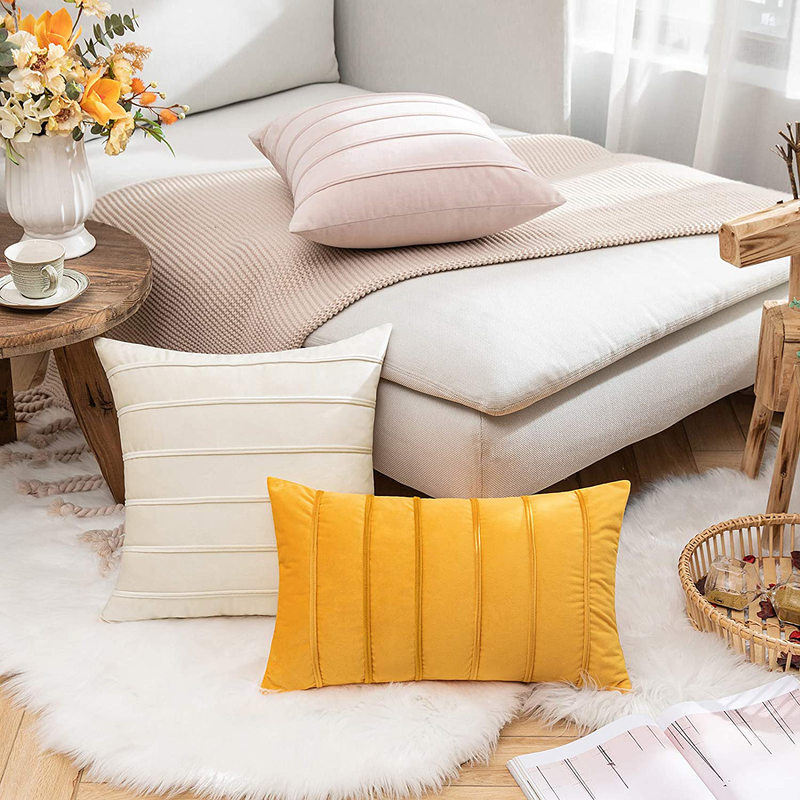 MIULEE Decorative Velvet Throw Pillow Covers Soft Solid Pillowcases Striped Lumbar Square Cushion Covers for Couch Sofa Bed Living Room 18X18 Inch, Pack of 2, Cream White Home & Garden > Decor > Chair & Sofa Cushions MIULEE   