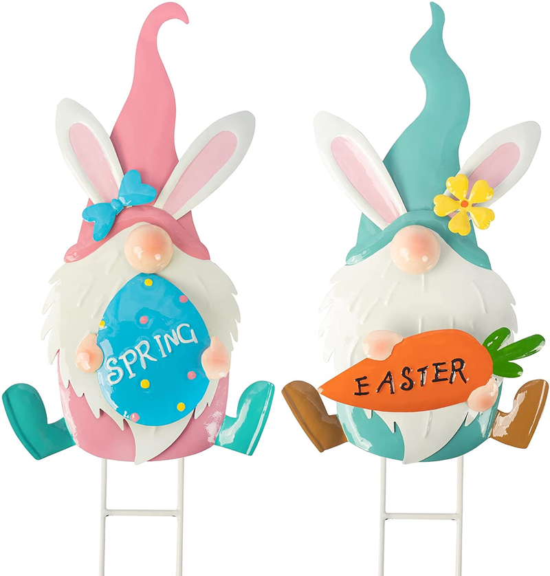 FUNPENY Set of 2 Metal Easter Gnomes Yard Signs Outdoor, 24.6 Inch Bunny Rabbits Stakes Easter Decorations for Garden, Lawn, Party, Easter Props Decor