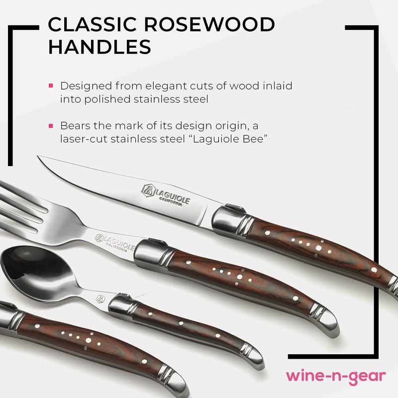 Laguiole California Silverware Cutlery Set - 24 Piece Rosewood Set - Ergonomic Handles - Stored in a California Oakwood Gift Box - Stainless Steel - Kitchen and Dinnerware - Spoon and Fork Home & Garden > Kitchen & Dining > Tableware > Flatware > Flatware Sets Laguiole California   
