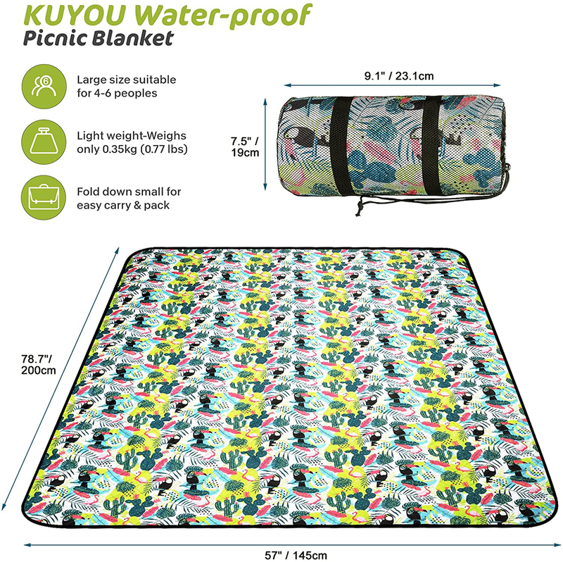Outdoor Picnic Blanket Waterproof Sandproof 79“ X 57" Thicken 3 Layers Portable Picnic Foldable Mat Machine Washable with Carry Strap for Beach Camping Hiking Home & Garden > Lawn & Garden > Outdoor Living > Outdoor Blankets > Picnic Blankets KUYOU   