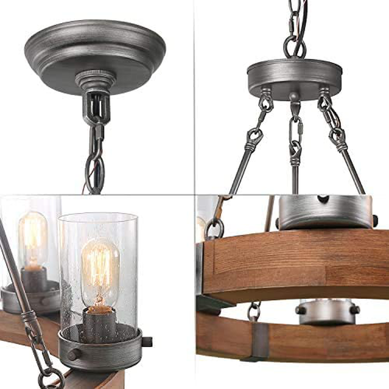 GEPOW Farmhouse Wood Chandelier, Round Wagon Wheel Light Fixture with Seeded Glass Shades for Dining Room, Living Room, Bedroom, Kitchen Island and Foyer Home & Garden > Lighting > Lighting Fixtures > Chandeliers GEPOW   