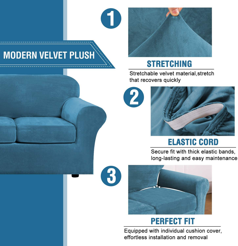 Modern Velvet Plush 4 Piece High Stretch Sofa Slipcover Strap Sofa Cover Furniture Protector Form Fit Luxury Thick Velvet Sofa Cover for 3 Cushion Couch, Machine Washable(Sofa,Peacock Blue)