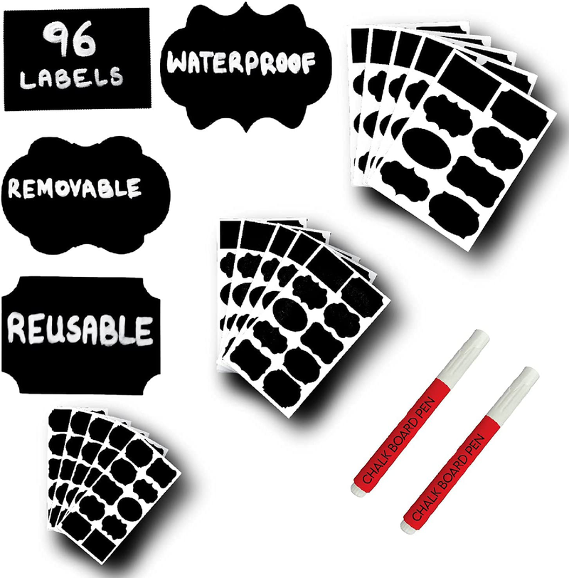 Mantah Chalkboard Label Stickers 96pcs - 9 Assorted Shapes in 3 sizes with 2 Erasable White Chalk Marker, Reusable Waterproof Labels for Storage Bins, Labels for Food Containers, Chalk labels for jars