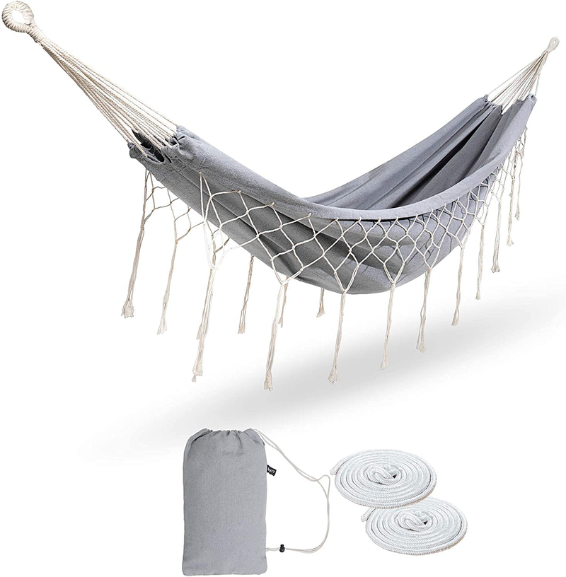 ROOITY Portable Hammock with Tassel,2 Person,Brazilian Tree Hammocks with Carry Bag for Bedroom,Garden,Backyard,Patio,Outdoor and Indoor XX-Large Black/White Woven Cotton Fabric, Up to 450Lbs Home & Garden > Lawn & Garden > Outdoor Living > Hammocks ROOITY Grey-double  