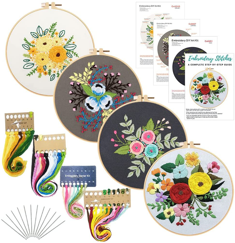 Louise Maelys 4Pack Embroidery Starters Kit with Pattern for Beginners Adults, Full Range of Stamped Cross Stitch Kit Set with Embroidery Hoop Cloth Thread Needlepoint Kit Floral Series Arts & Entertainment > Hobbies & Creative Arts > Arts & Crafts > Art & Crafting Tools > Craft Measuring & Marking Tools > Stitch Markers & Counters Louise Maelys kit-2  