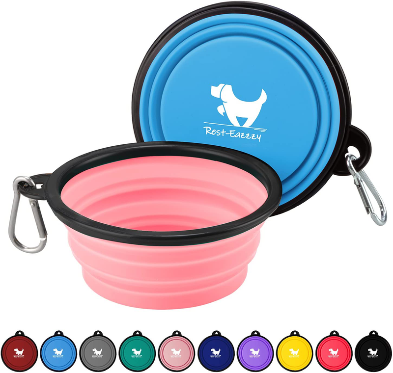 Rest-Eazzzy Expandable Dog Bowls for Travel, 2-Pack Dog Portable Water Bowl for Dogs Cats Pet Foldable Feeding Watering Dish for Traveling Camping Walking with 2 Carabiners, BPA Free  Rest-Eazzzy blue&pink S 