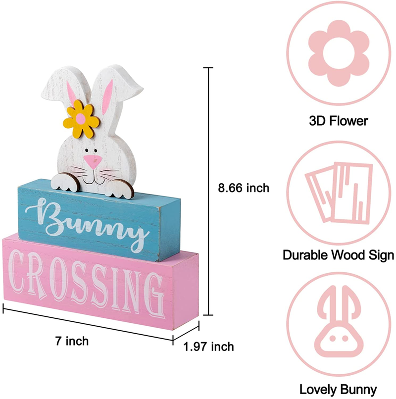 Easter Decorations for the Home, Hogardeck Rustic Bunny Crossing Wood Sign Three-Layer Wooden Block Signs Table Centerpiece Farmhouse Easter Bunny Decor for Mantle Tabletop Tiered Tray Party Home & Garden > Decor > Seasonal & Holiday Decorations hogardeck   