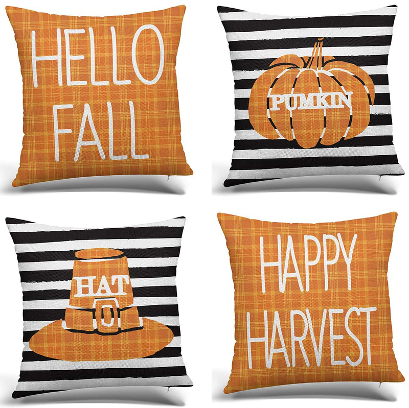 RUOAR Pack of 4 Vintage Halloween Throw Pillow Covers for Owl/Crow/Pumpkin/Skull Throw Pillow Covers Halloween Cushion Covers 18 x 18 inch Arts & Entertainment > Party & Celebration > Party Supplies RUOAR Pumkin-2  