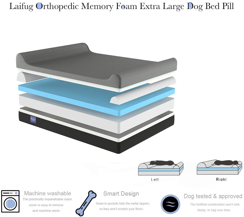 Laifug Orthopedic Memory Foam Extra Large Dog Bed with Pillow and Durable Water Proof Liner & Removable Washable Cover & Smart Design Animals & Pet Supplies > Pet Supplies > Dog Supplies > Dog Beds Laifug   