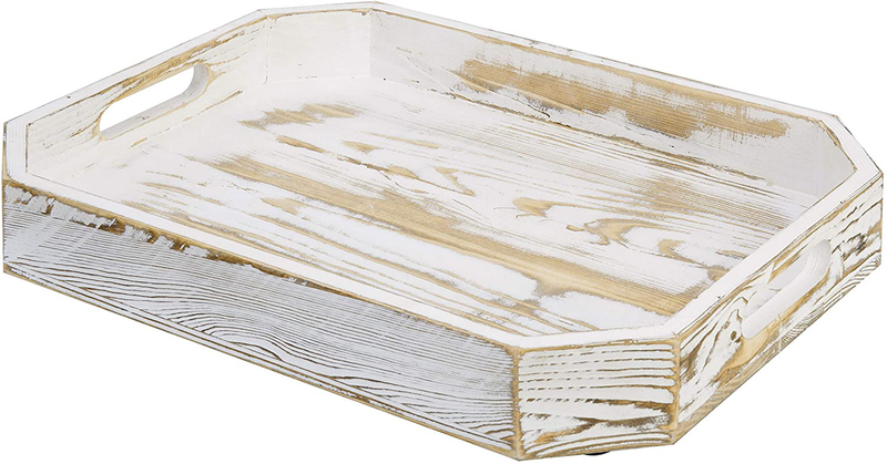 MyGift Shabby Whitewashed Wood Serving Breakfast Tray, Coffee Server with Cut-out Handles and Angled Edges