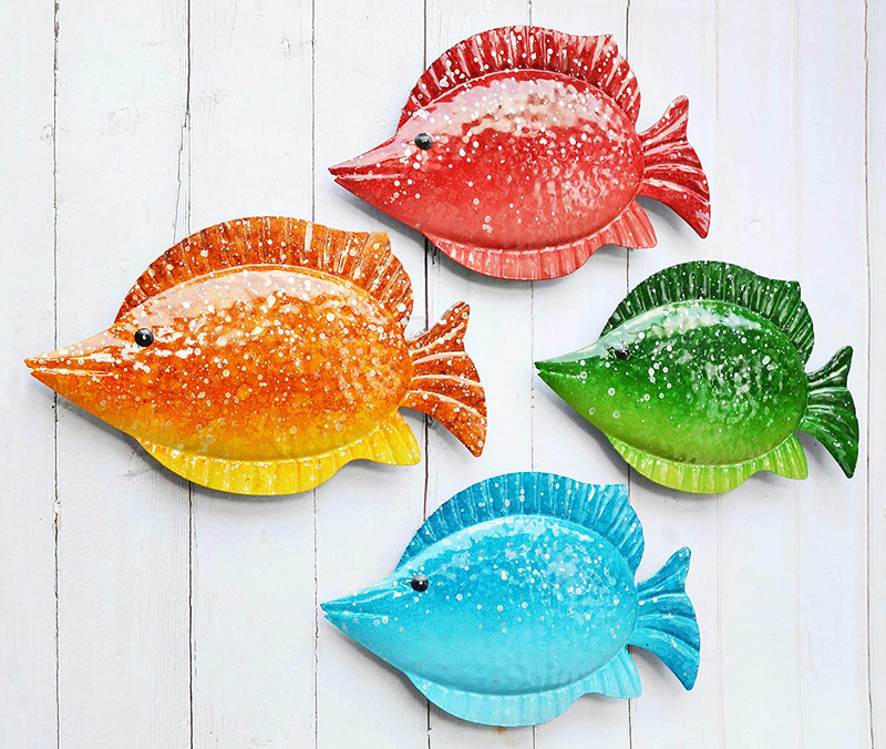 ShabbyDecor Coastal Ocean Sea Metal Fish Hanging Wall Art Decor Set of 4 for Outdoor or Indoor Home & Garden > Decor > Artwork > Sculptures & Statues ShabbyDecor Default Title  