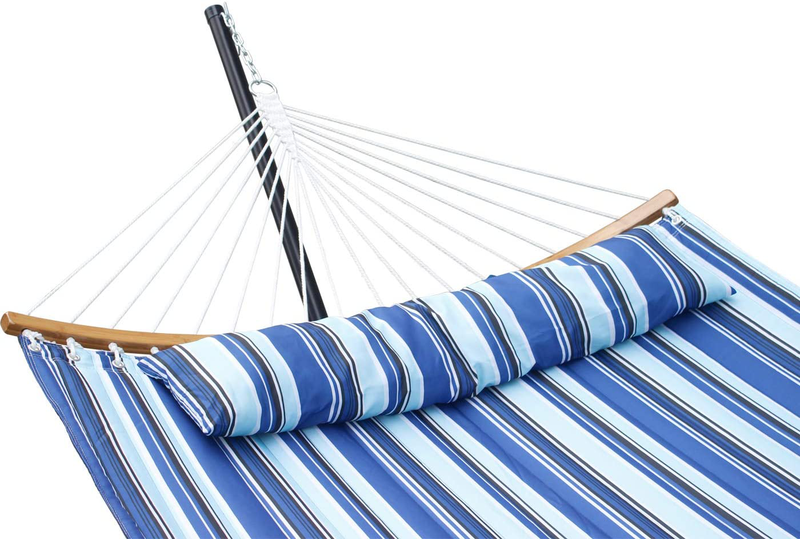 SUNNY GUARD 2 Person Hammock with Stand,Quilted Fabric,Heavy Duty Curved-Bar Bamboo with 12.8 FT Stands & Accessories，for Indoor/Outdoor Patio Catalina Beach(450 lb Capacity