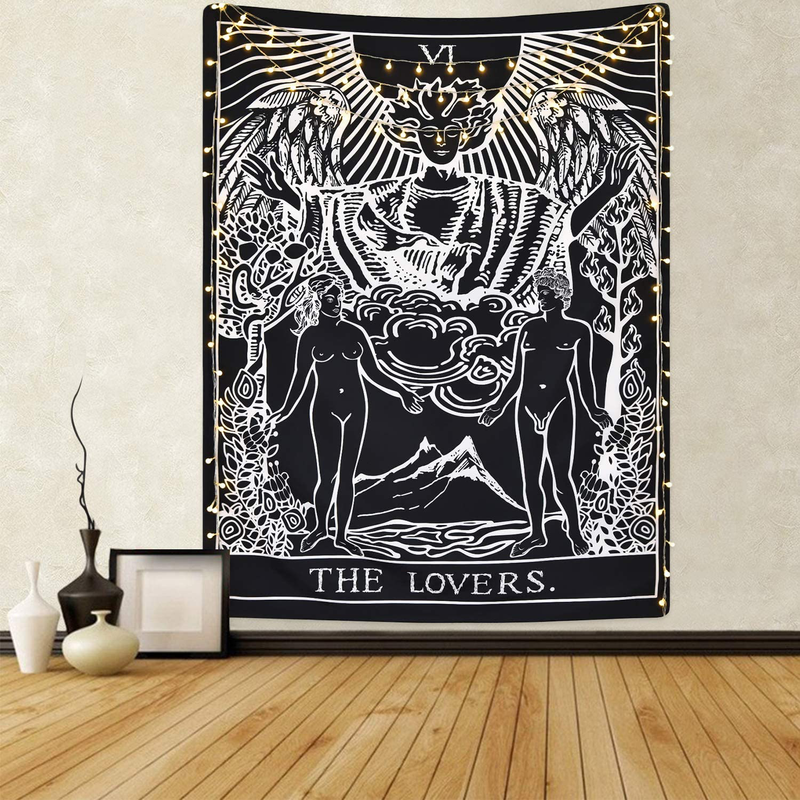 Tarot Cards Tapestry The Lovers Tapestry, Lovers Stand Under The Tree Tapestry Black Tapestry Medieval Europe Divination Tapestry for Room Home & Garden > Decor > Artwork > Decorative Tapestries Sevenstars Lovers Tapestry 59.1" x 59.1" 