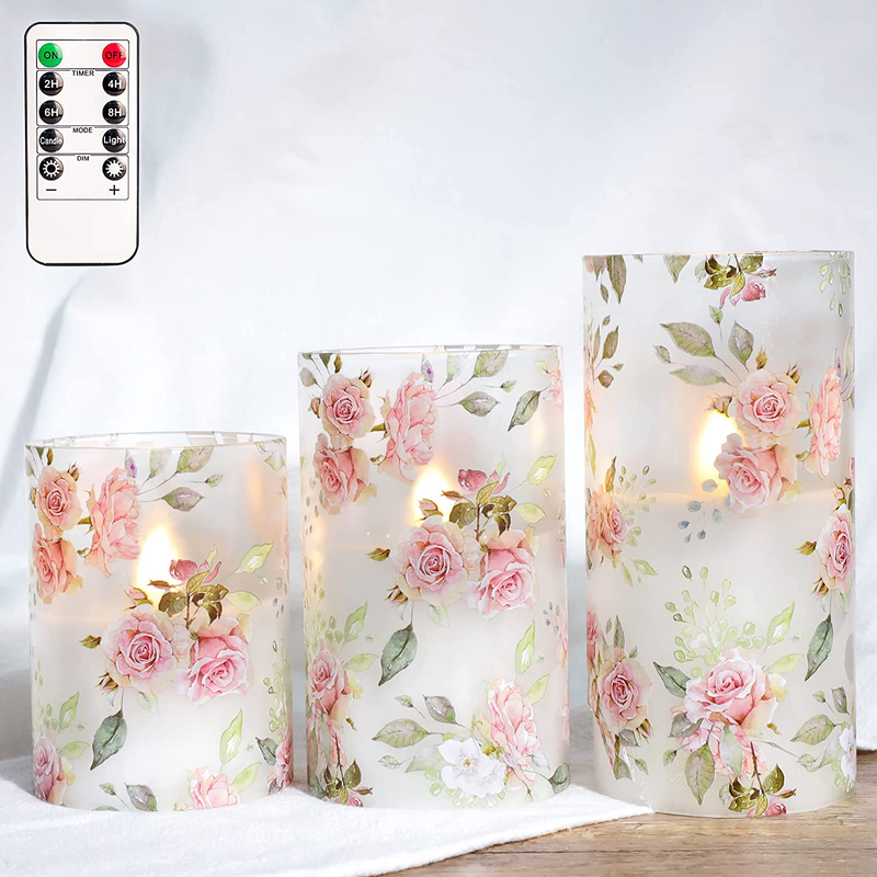 SILVERSTRO Flameless Candles Blinks with Remote, Love Theme LED Candles, Rose Series Glass Pillar Candles for Home Party Wedding Christmas Decor - Set of 3 Home & Garden > Decor > Seasonal & Holiday Decorations Silverstro Rose  