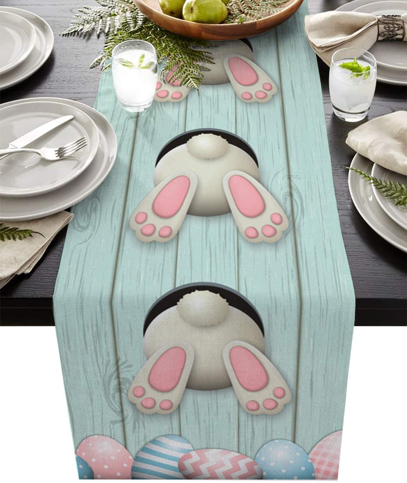 Prime Leader Easter Table Runner, 13 X 90 Inch Happy Easter Funny Rabbit Pink and Blue Eggs Table Runner for Holiday Family Dinner, Farmhouse, Indoor or Outdoor Parties(Cotton-Polyester Blend) Home & Garden > Decor > Seasonal & Holiday Decorations Prime Leader 18" x 72"  