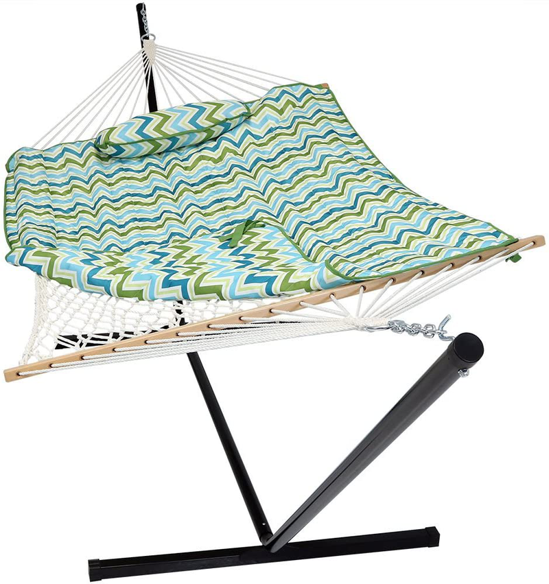 Sunnydaze Cotton Rope Freestanding Hammock with 12 Foot Portable Steel Stand and Spreader Bar, Pad and Pillow Included, Tropical Orange Home & Garden > Lawn & Garden > Outdoor Living > Hammocks Sunnydaze Blue & Green Chevron  