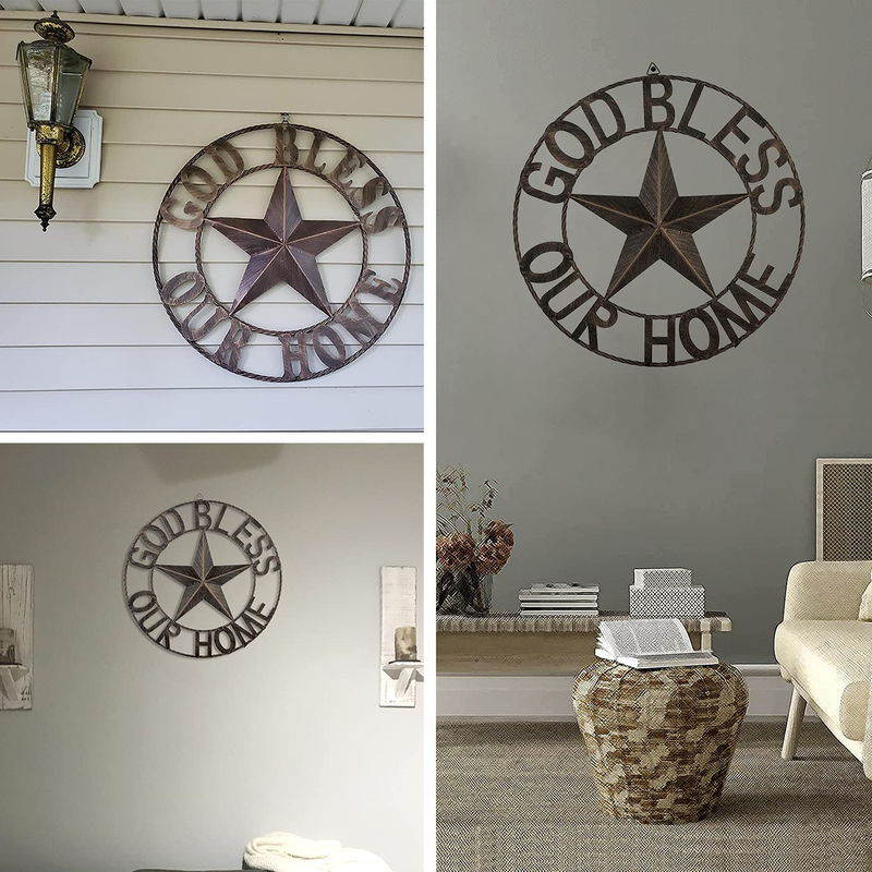EBEI 26" Large Metal Barn Star Western Home Wall Decor Antique Circle Dark Brown Texas Lone Star with Letters God Bless Our Home