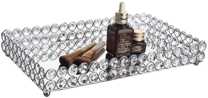 Feyarl Large Crystal Cosmetic Vanity Tray Mirrored Makeup Jewelry Trinket Tray Organizer Glam Decorative Perfume Bottle Trays for Dresser Countertop Wedding Home Bathroom(13.7 x 7.87 inch Silver) Home & Garden > Decor > Decorative Trays Feyarl Silver  