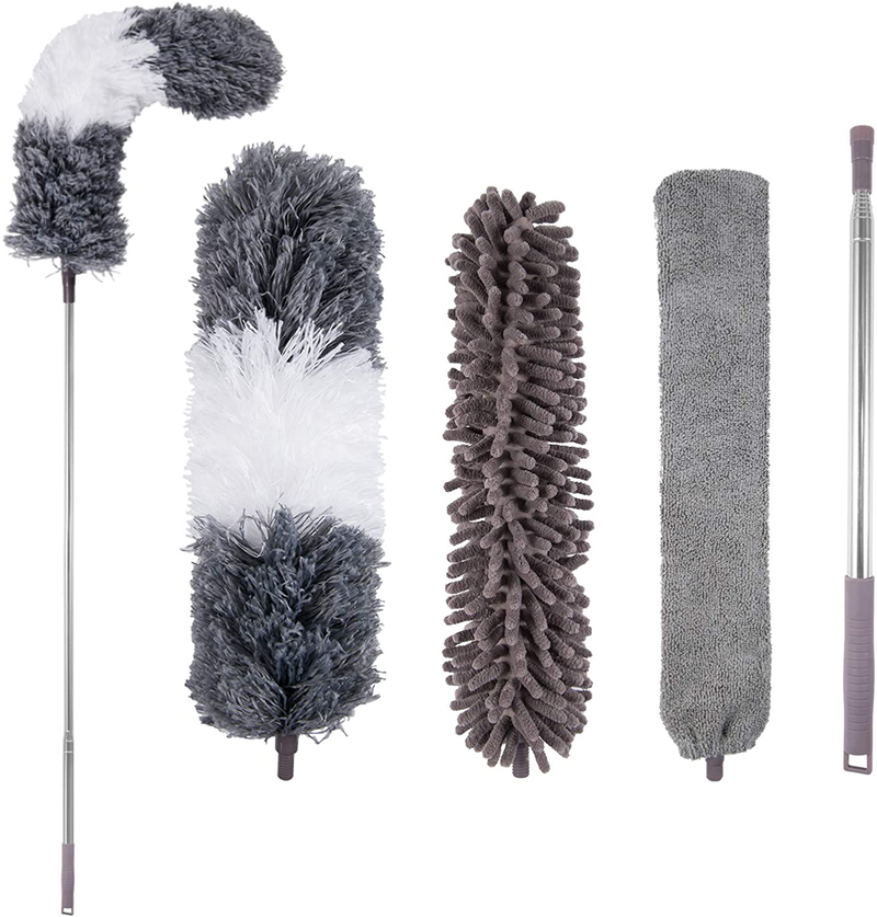 Microfiber Duster, with Extension Pole(Stainless Steel) 30 to 100 Inches, Reusable Bendable Dusters, Washable Lightweight Dusters for Cleaning Ceiling Fan, High Ceiling, Blinds, Furniture, Cars
