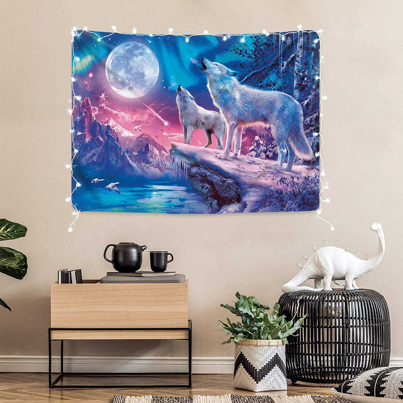 DBLLF Cool Wolf Tapestry Fantasy Animals Moon Tapestry for Boys Men Bedroom Colorful Aesthetic Blue Galaxy Mountian Forest Tapestry 80”60” Flannel Large Art Tapestries for Living Room Dorm DBLS855 Home & Garden > Decor > Artwork > Decorative TapestriesHome & Garden > Decor > Artwork > Decorative Tapestries DBLLF 60Wx40L  