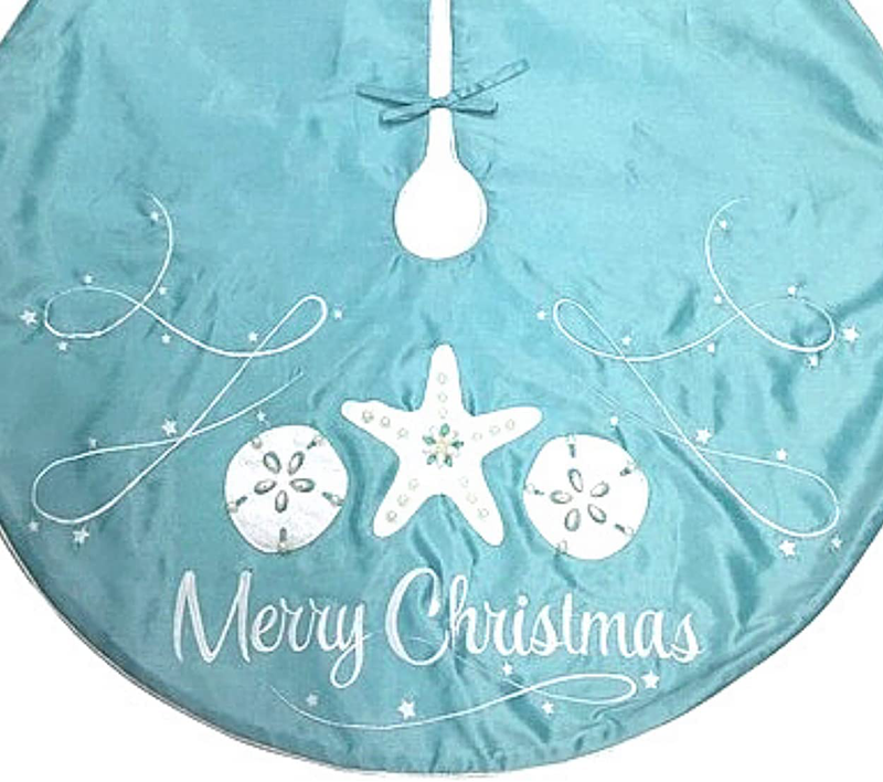 Teal Merry Christmas Tree Skirt, Coastal Beach Themed Xmas Decorations, Reusable Festive Holiday Decoration, 42 Inches