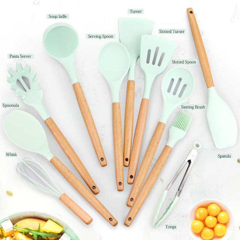 Silicone Kitchen Cooking Utensil Set, EAGMAK 16PCS Kitchen Utensils Spatula Set with Stainless Steel Stand for Nonstick Cookware, BPA Free Non-Toxic Cooking Utensils, Kitchen Tools Gift (Mint Green)