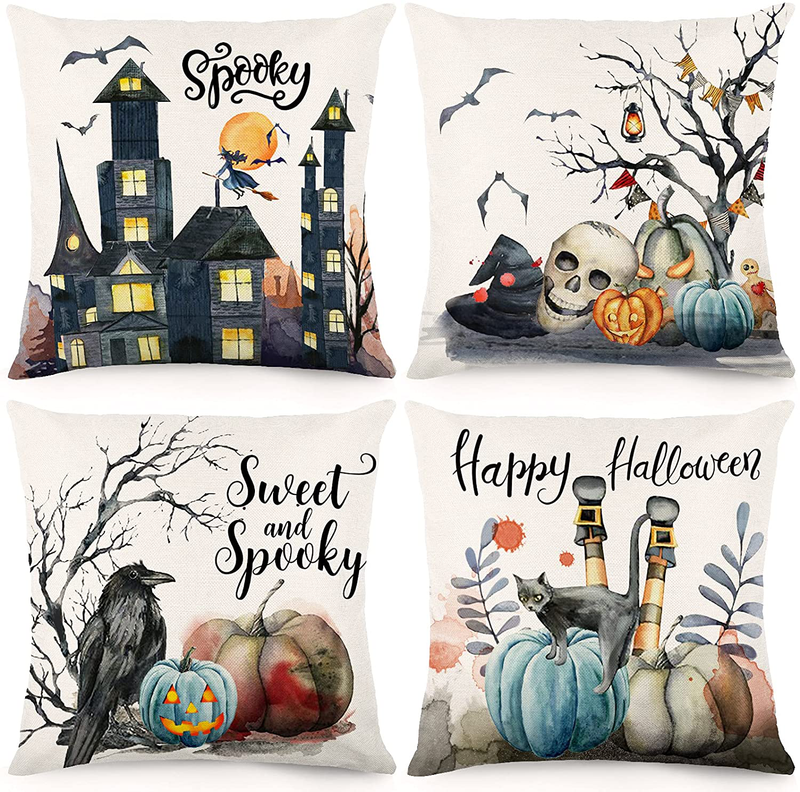 HOLICOLOR Halloween Throw Pillow Covers 18x18 Inch Set of 4 Halloween Decorations Farmhouse Watercolor Blue and Orange Pumpkin Lantern Castle Pillowcase Linen Cushion Case for Sofa and Home Decor Arts & Entertainment > Party & Celebration > Party Supplies HOLICOLOR Default Title  