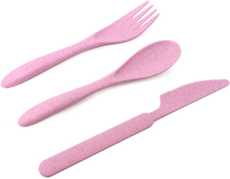 Honbay 3PCS Portable Cutlery Boreal Europe Style Healthy Eco-Friendly Wheat Straw Spoon Fork Knife Tableware set for Travel, Picnic, Camping or Just for Daily Use (pink)