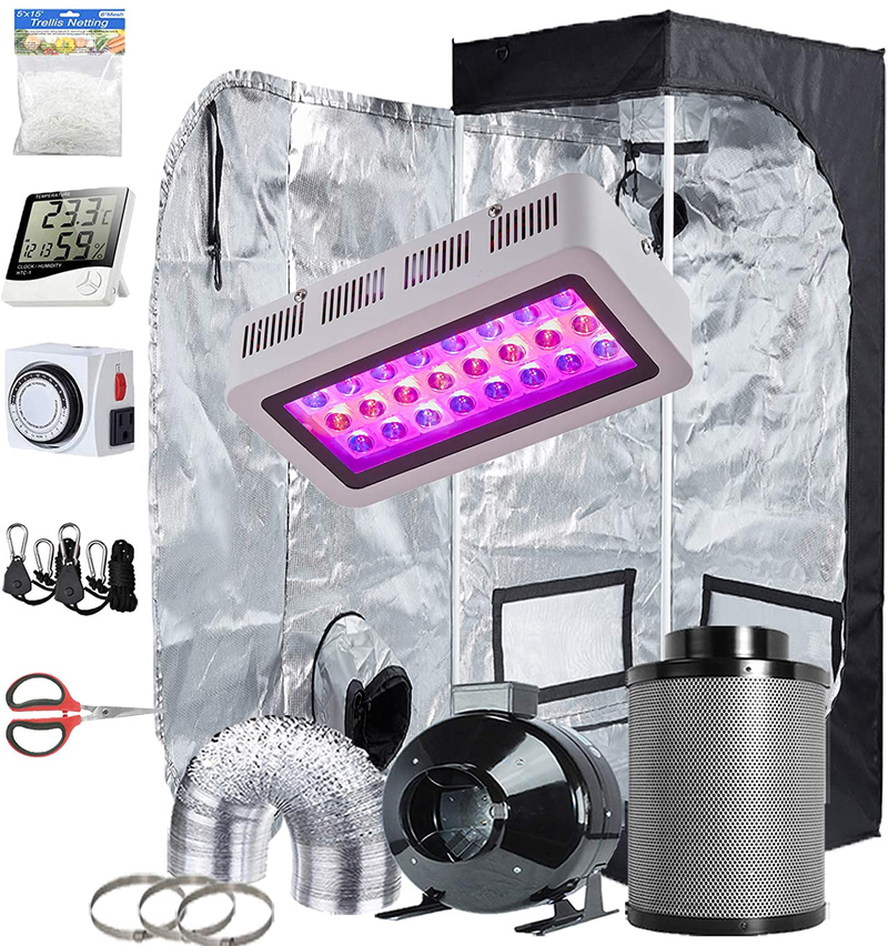 Topogrow Grow Tent Complete Kit 300W LED Grow Light Full-Spectrum Indoor Hydroponics 32"X32"X63" Grow Tent 4" Ventilation Kit with Hangers,Hygrometer, Shear, Timer,Trellis Netting Full Setup Sporting Goods > Outdoor Recreation > Camping & Hiking > Tent Accessories TopoGrow 24"X24"X48"KIT  