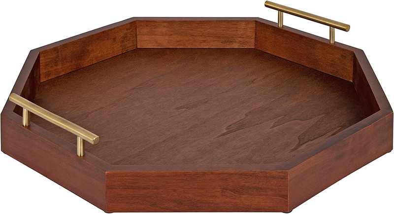 Kate and Laurel Lipton Mid-Century Octagon Wood Decorative Tray, 18" x 18", Walnut Brown and Gold, Decorative Chic Serving Tray Home & Garden > Decor > Decorative Trays Kate and Laurel Walnut Brown 18x18 