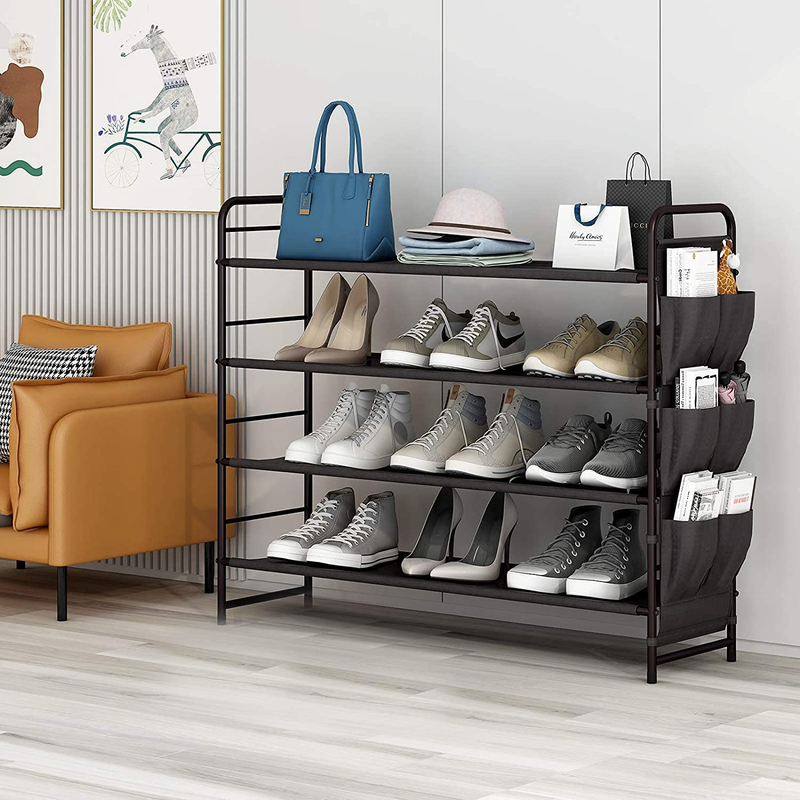 SUOERNUO Shoe Rack Storage Organizer 4 Tier Free Standing Metal Shoe Shelf Compact Shoe Organizer with Side Bag for Entryway Closet Bedroom,Bronze Furniture > Cabinets & Storage > Armoires & Wardrobes SUOERNUO   