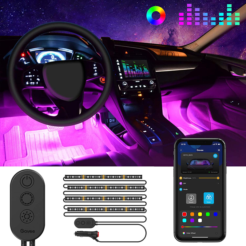MINGER Unifilar Car LED Strip Light, 4pcs 48 LED APP Controller Car Interior Lights, Waterproof Multicolor Music Under Dash Lighting Kits for iPhone Android Smart Phone, Car Charger Included, DC 12V Vehicles & Parts > Vehicle Parts & Accessories > Motor Vehicle Parts > Motor Vehicle Lighting MINGER Default Title  