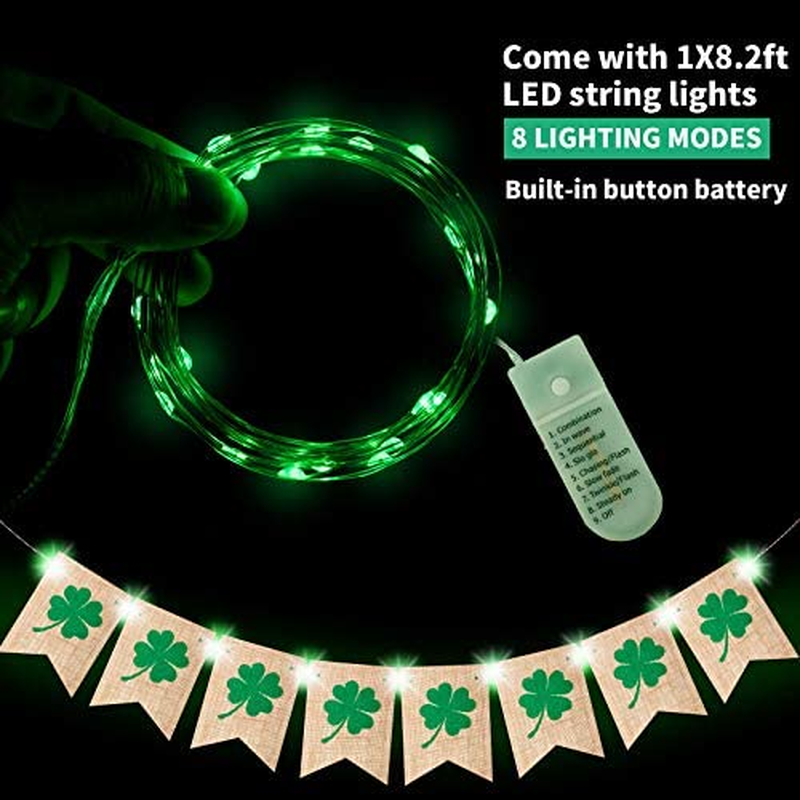 St. Patrick'S Day Banner Decorations Shamrock Burlap Banner with Green String Lights Clover Irish Garland Flags for St. Patrick'S Day Party Decor