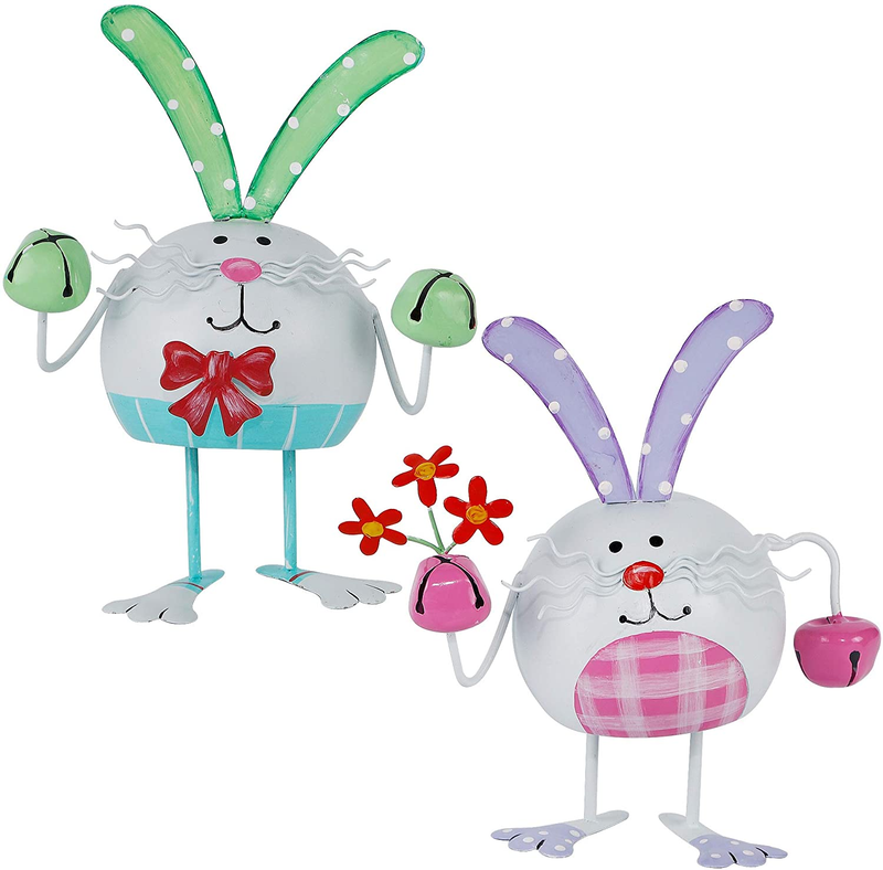 Cllayees Set of 2 Metal Easter Bunny Tabletop Decoration, 6.7 Inches Standing Bunny with Bells for Home Room Table Easter Decor