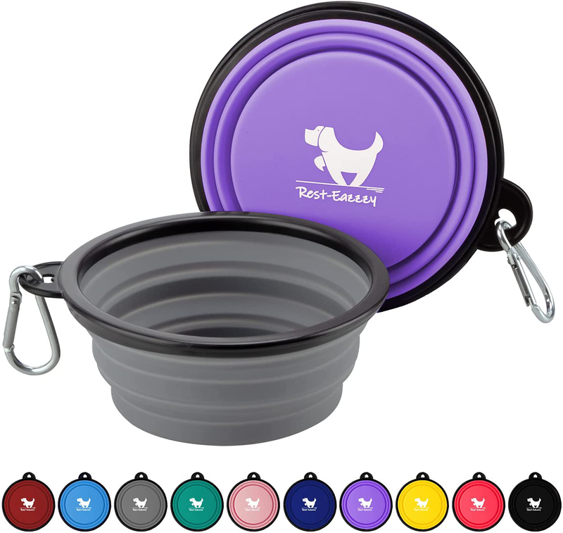 Rest-Eazzzy Expandable Dog Bowls for Travel, 2-Pack Dog Portable Water Bowl for Dogs Cats Pet Foldable Feeding Watering Dish for Traveling Camping Walking with 2 Carabiners, BPA Free  Rest-Eazzzy grey&purple S 